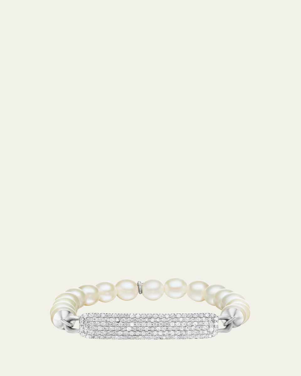 Pave Diamond Small ID Tag on 8mm Pearl Bead Bracelet